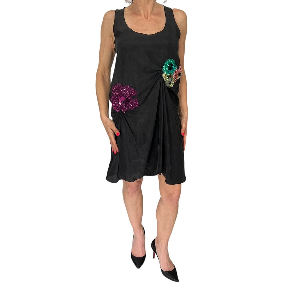 MISSONI ITALY BLACK SILK RACER BACK TANK MINI SHIFT  DRESS SEQUIN APPLIQUE 40 4